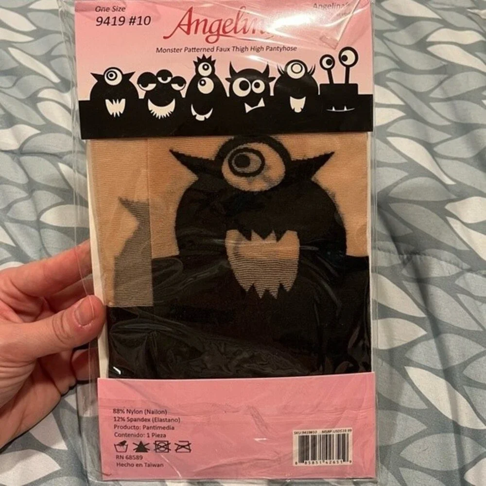 NWT Angelina Black Monster Faux Thigh-High Pantyhose One Size